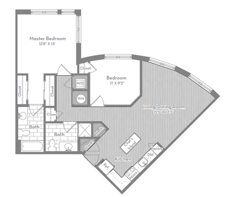 Floor plan for 2 beds, 2 baths, 1013 sqft